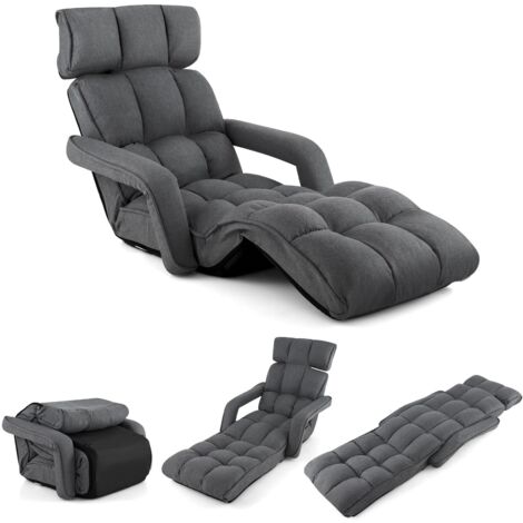 COSTWAY Poltrona Salotto da Terra, Sedie Pieghevoli Imbottita Chaise Longue Reclinabile in 5 Posizioni, con Regolabili Braccioli Schienale, per Yoga Relax Meditazione, 195x73x19 cm (Grigio scuro)