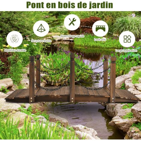 Costway – Pont de jardin en sapin 150 x 67 x 55 cm – Charge 225 kg – Finition imperméable – Chaînes de sécurité pour ruisseau et jardin