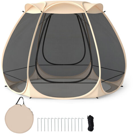 COSTWAY Pop Up Screen House 310X270CM for 4-6 People Sand Color Mesh Tent with Sunshade Carry Bag Garden Backyard Use
