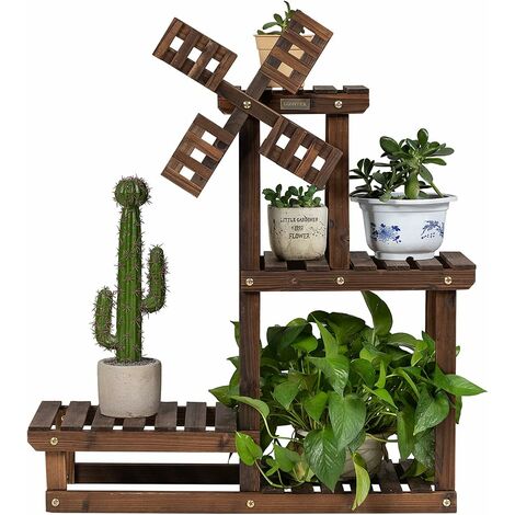 COSTWAY Porta Piante da Interno ed Esterno, Scaffale per Piante e Fiori con 4 Livelli di Legno, Porta Vasi a Forma di Mulino da Balcone, Giardino e Salotto, 75 x 25 x 71 cm, Marrone