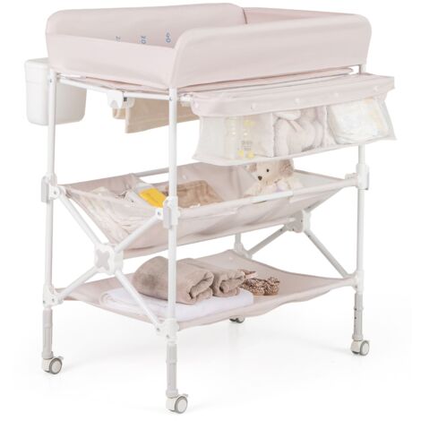 COSTWAY Portable Baby Changing Table Height Adjustable w/ Wheels-Pink