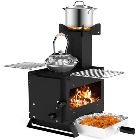 COSTWAY Portable Wood Burning Stove Mini Heater Burner w/ Pot Rack Black