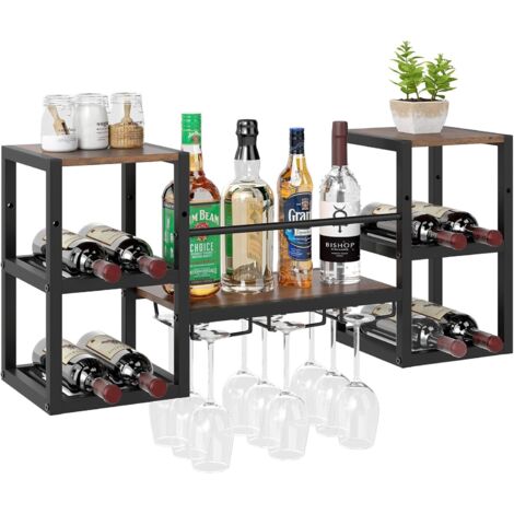 COSTWAY Portabottiglie da Parete con Porta Bicchieri, Struttura in Metallo per 8 Bottiglie con Ripiano Aperto, Scaffale da Muro a 3 Livelli per Sala da Pranzo e Cucina, 89 x 25 x 40 cm