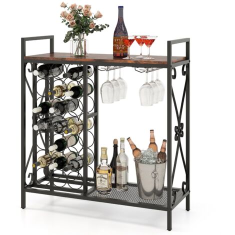 COSTWAY Portabottiglie da Terra per 21 Bottiglie, Portabottiglie da Vino con Supporto per Bicchieri, Piano in Legno e Mensola per Stoccaggio, Struttura Metallica，per Cucina e Bar (Marrone)