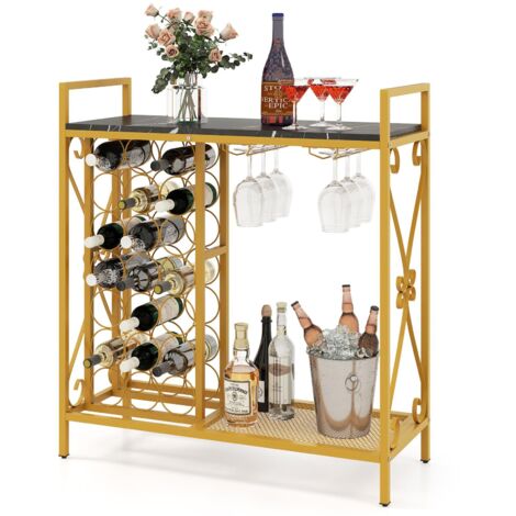 COSTWAY Portabottiglie da Terra per 21 Bottiglie, Portabottiglie da Vino con Supporto per Bicchieri, Piano in Legno e Mensola per Stoccaggio, Struttura Metallica，per Cucina e Bar (Nero)