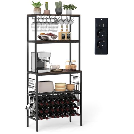 COSTWAY Portabottiglie da Terra per 24 Bottiglie, Portabottiglie da Vino con Presa di Corrente, Supporto per Bicchieri, Ganci e 3 Ripiani, per Cucina, Soggiorno e Bar