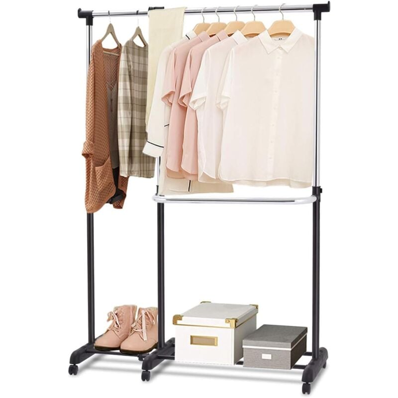 Portant à Vêtement Penderie à Vêtements Mobile Télescopique Hauteur et Largeur Réglables avec 6 Roulettes Noir et Argent - Costway