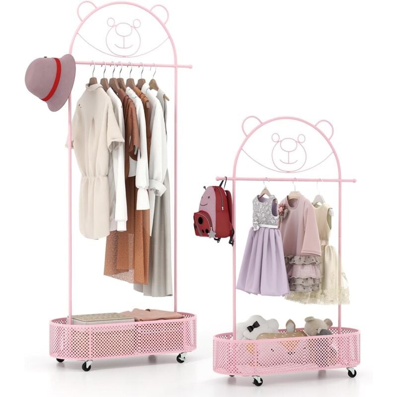 Portant à Vêtements Enfant en Forme d'Ours avec 3 Hauteurs Réglables, Garde-Robe Enfant en Métal avec Panier Inférieur, Porte-vêtements sur roulettes