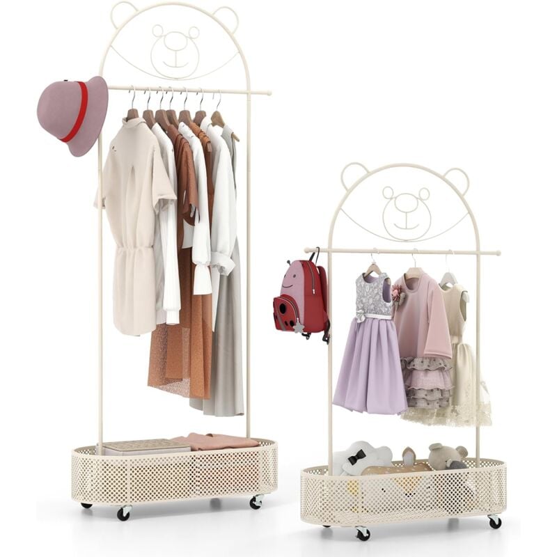 Portant à Vêtements Enfant en Forme d'ours avec 3 Hauteurs Réglables, Garde-Robe Enfant en Métal avec Panier Inférieur, Porte-vêtements sur roulettes