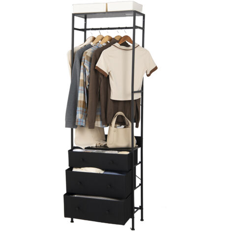 Costway – Portant à vêtements noir avec 3 tiroirs pliables – Tringle de suspension réglable 3 positions – Cadre métal robuste avec renforts en X – Dimensions 55x28x176cm