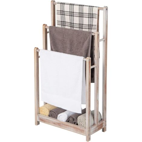 COSTWAY Portasciugamani in Legno da Terra, Porta Asciugamani a 3 Livelli con Mensola Inferiore, Dispositivo Anti-Ribaltamento, Supporto Leggero per Asciugamani da Bagno e Stanza Lavanderia (Bianco)