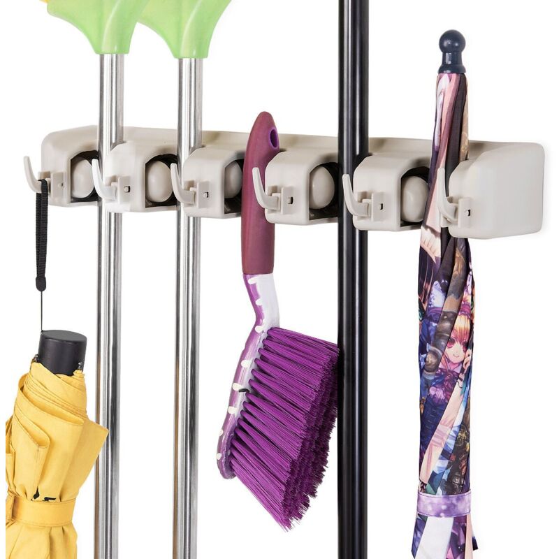 Costway - Porte Balais Mural avec 5 Emplacements et 6 Crochets/Support Balais Mural pour Salle de Bain, Cuisine ou Garage-Blanc