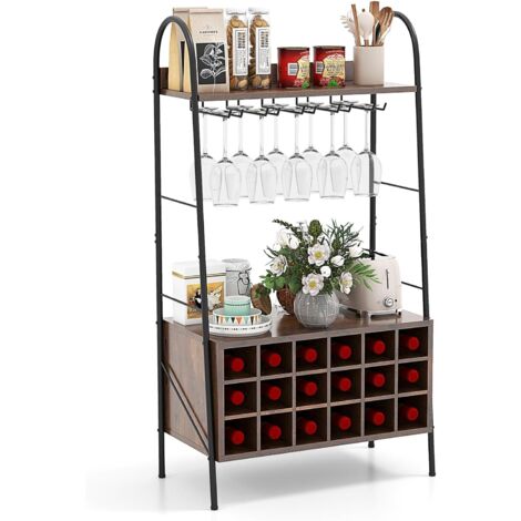 COSTWAY Porte-Bouteille Industriel avec Porte-Verres, 18 Bouteilles & 15 Verres, Casier à vin Amovible, Étagères de Rangement pour Cuisine, Salle à Manger, Bar, 32 x 63 x 114,5 cm, Marron Rustique