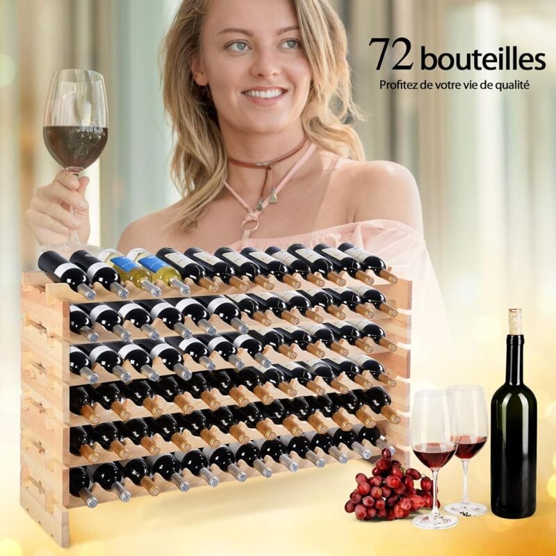Costway - Porte-Bouteilles en Bois/6 Étagère pour 72 Bouteilles/Conception Horizontale/Casier à Bouteille Modulable avec Étagère Ondulée-119 x 29 x