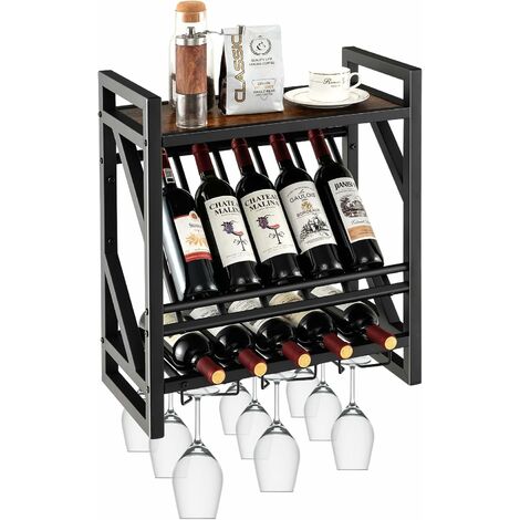 Costway – Porte-bouteilles mural industriel – Étagère de rangement 2 niveaux pour 10 bouteilles et 12 verres – Métal et bois d'ingénierie – Installation facile