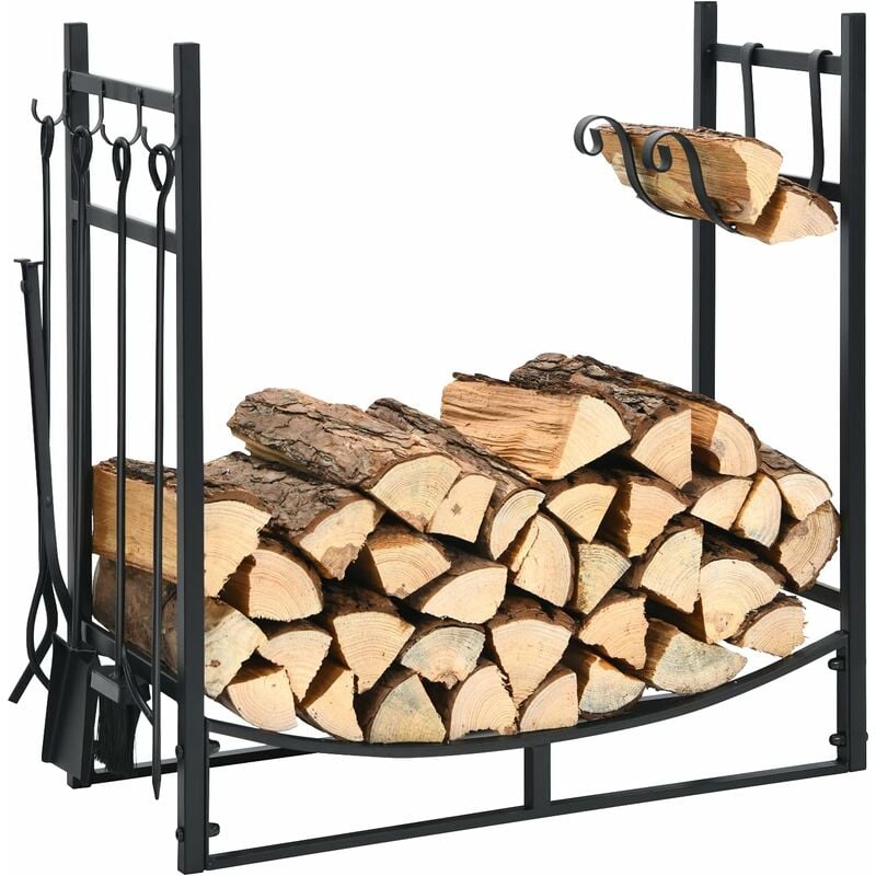 36' Porte-bûche en Fer avec 4PCS Serviteurs de Cheminée Support Amovible, Range-bûche Charge 40kg avec Pelle Tisonnier Pince Brosse pour Poêle,