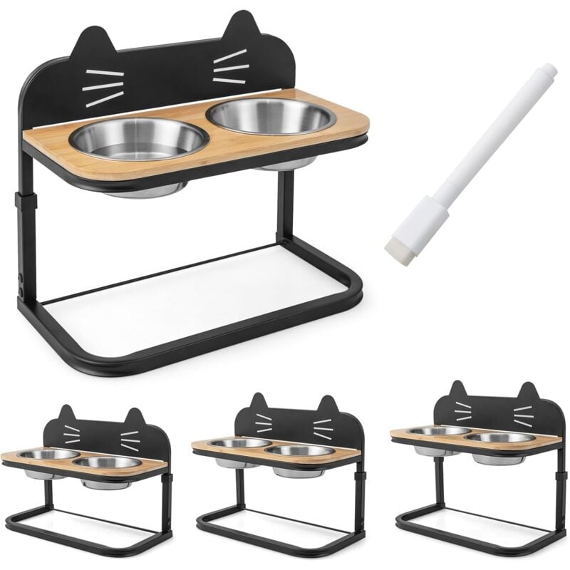COSTWAY Porte-Gamelle pour Chat en Métal, Support-Bol surélevé à 3 Hauteurs Réglables, Support-Gamelle avec 2 Bols en Acier Inoxydable et 1 Marqueur,