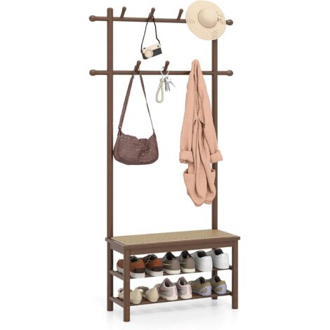 COSTWAY Porte Manteau 3 en 1, Vestiaire d'Entrée avec Banc en Rotin PE, Étagère à Chaussures à 2 Niveaux, 13 Crochets, Cadre en Bambou, 169,5 cm Porte Manteau sur Pieds pour Couloir, Chambre (Marron)