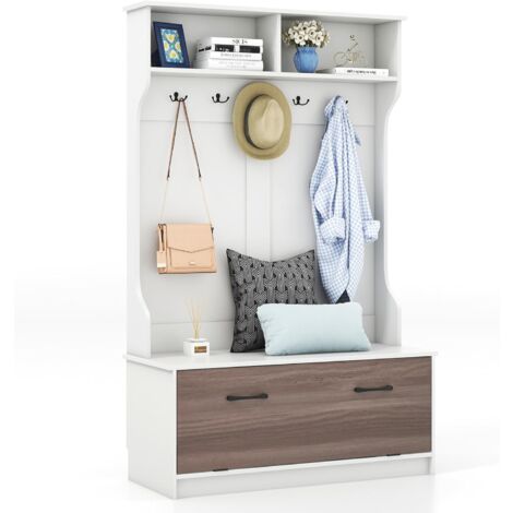 Costway – Porte manteau 4 en 1 avec banc à chaussures – 5 crochets doubles – 2 étagères ouvertes – Armoire avec tringles pneumatiques – Bois d'ingénierie blanc