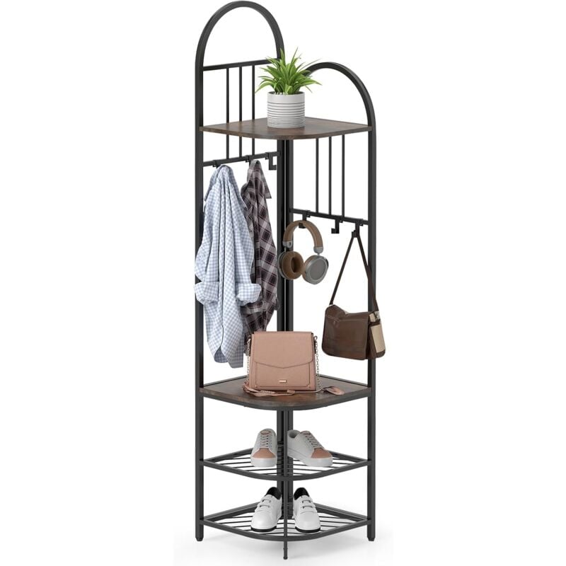 Costway - Porte Manteau d'Angle 4 Niveaux, Banc à Chaussures, 6 Crochets, 4 Étagères, Porte-Vêtements en Métal 180 cm, Meuble Entrée d'Angle pour