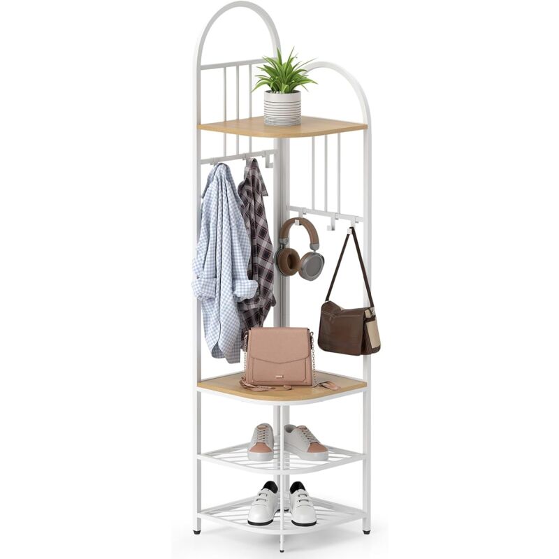 Costway - Porte Manteau d'Angle 4 Niveaux, Banc à Chaussures, 6 Crochets, 4 Étagères, Porte-Vêtements en Métal 180 cm, Meuble Entrée d'Angle pour
