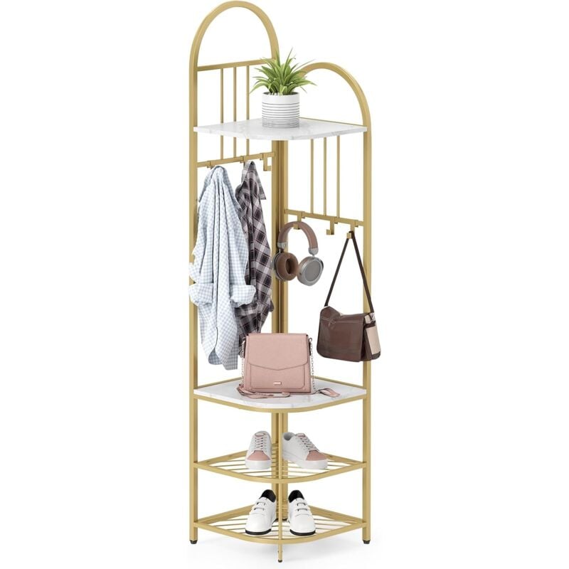 Costway - Porte Manteau d'Angle 4 Niveaux, Banc à Chaussures, 6 Crochets, 4 Étagères, Porte-Vêtements en Métal 180 cm, Meuble Entrée d'Angle pour