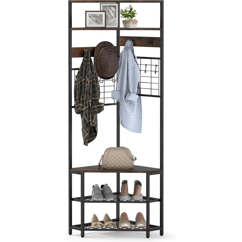 Costway - Porte Manteau d'Angle 5 Niveaux, Banc, 8 Crochets, 4 Patères, 2 Panneaux de Grille, Porte-Vêtements en Métal 183 cm, Meuble Entrée d'Angle
