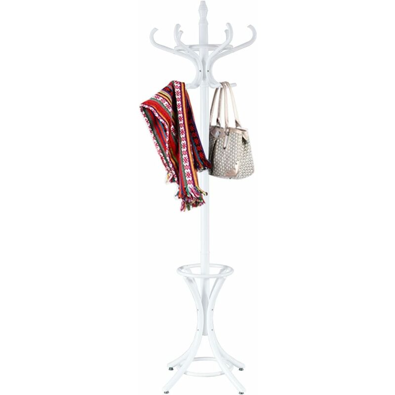 Costway - Porte-Manteau sur Pied avec 12 Crochets en Bois Massif pour Manteaux Chapeaux Parapluie 51 x 51 x 184CM Blanc