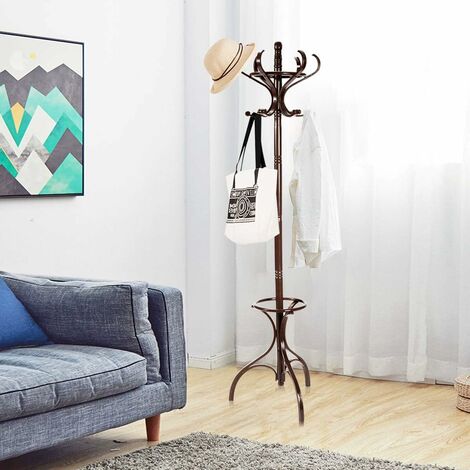 COSTWAY Porte-Manteau sur Pieds en Bois avec 12 Crochets,Porte-Parapluie,Charge Maximale 10KG,180CM de Hauteur pour l’Entrée,Salon,Chambre à Coucher,Bureau (Brun rougeâtre)