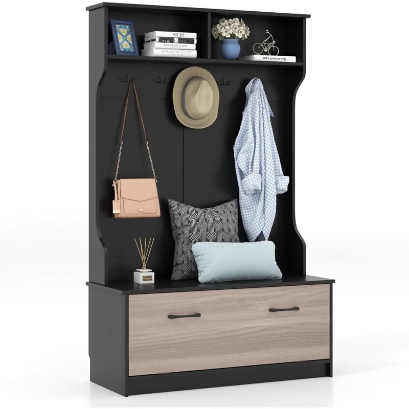 Costway - Porte Manteaux 4 en 1, Meuble d'Entrée avec Banc à Chaussures à Porte, 5 Crochets, 4 Compartiments, Vestiaire pour Salon, Entrée, Couloir,