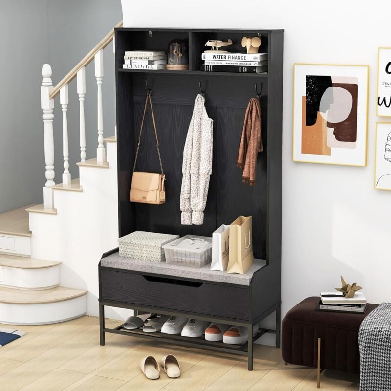 Costway - Porte Manteaux avec Banc à Chaussures Rembourré, Meuble d'Entrée 170 cm, 3 Patères Double, 2 Compartiments, Cadre en Métal, Kit