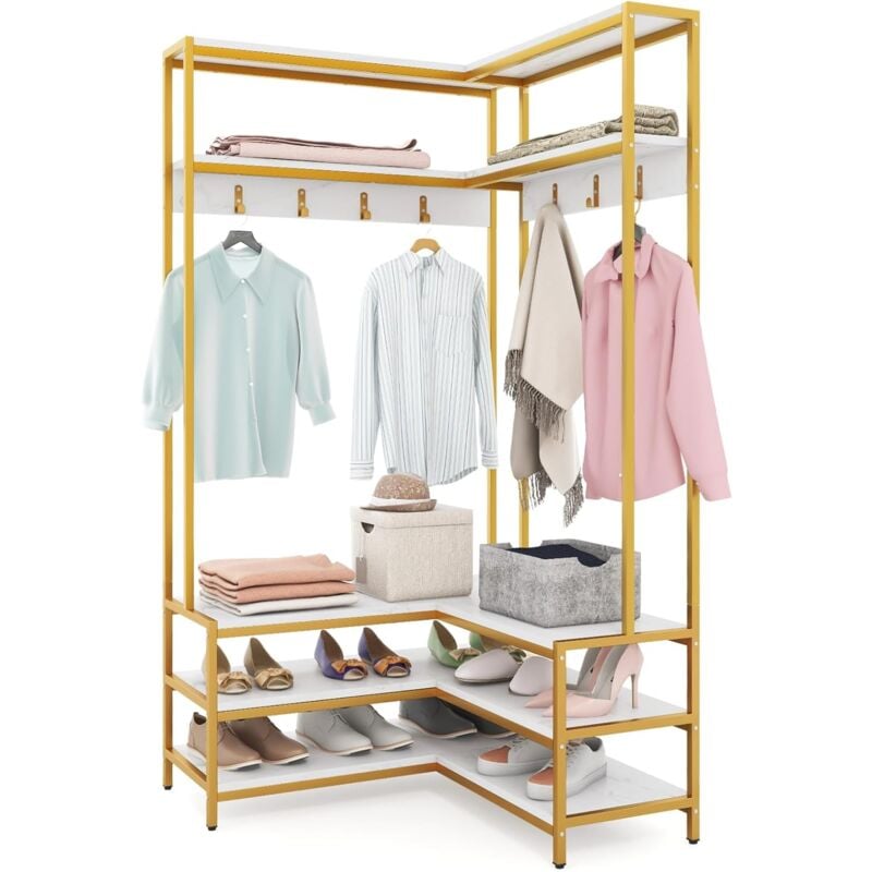 Costway - Porte Manteaux d'Angle 178 cm, Meuble d'Entrée avec Banc à Chaussures, 7 Patères, Etagères Ouvertes, Cadre en Métal, Kit Anti-basculement,