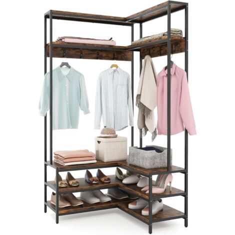 COSTWAY Porte Manteaux d'Angle 178 cm, Meuble d'Entrée avec Banc à Chaussures, 7 Patères, Etagères de Rangement Ouvertes, Cadre en Métal, Kit Anti-basculement, Porte-vêtements pour Chambre, Vestiaire