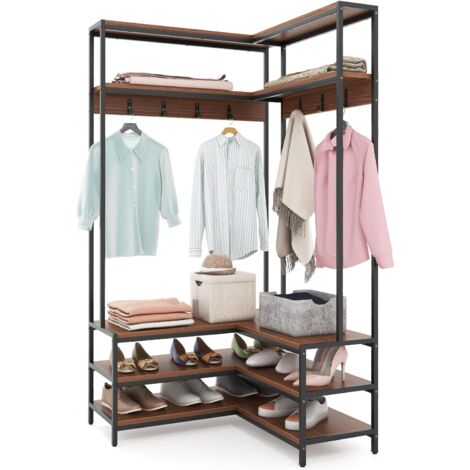 COSTWAY Porte Manteaux d'Angle 178 cm, Meuble d'Entrée avec Banc à Chaussures, 7 Patères, Etagères Ouvertes, Cadre en Métal, Kit Anti-basculement, Porte-vêtements pour Chambre (Noyer)