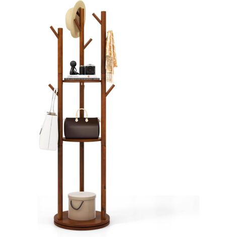 COSTWAY Porte Manteaux sur Pieds Rotatif en Bois, 9 Crochets, 3 Etagères, 9 Crochets, Portant à Vêtement 167 CM pour Entrée, Couloir, Chambre, Base Ronde