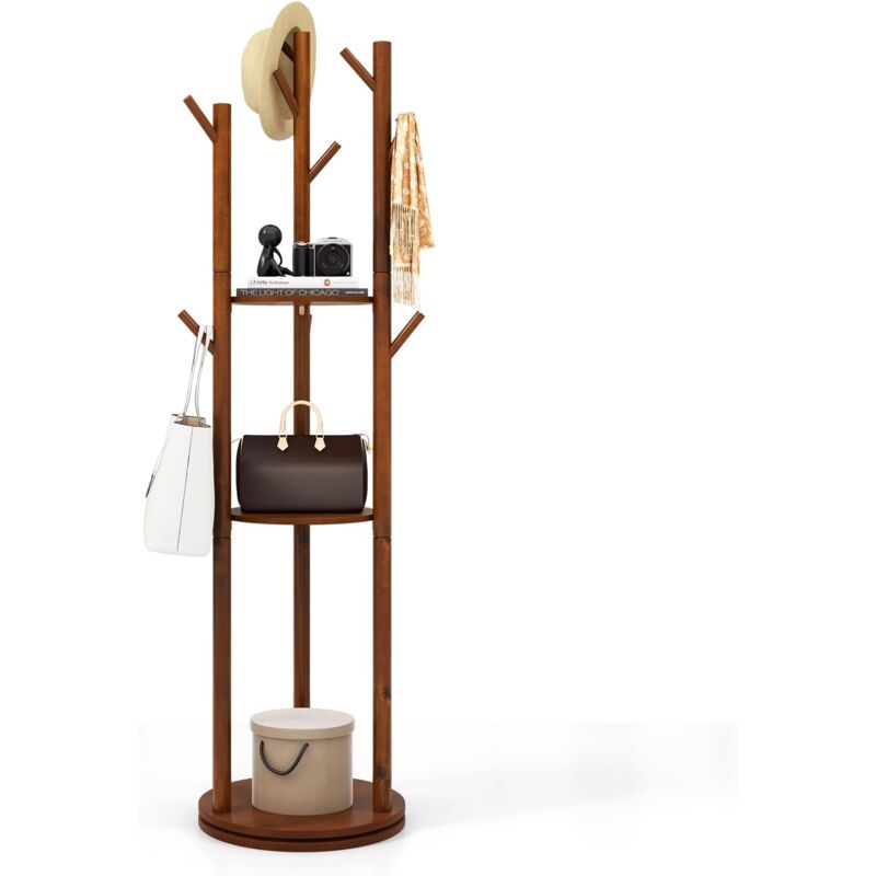 Costway - Porte Manteaux sur Pieds Rotatif en Bois, 9 Crochets, 3 Etagères, 9 Crochets, Portant à Vêtement 167 cm pour Entrée, Couloir, Chambre, Base