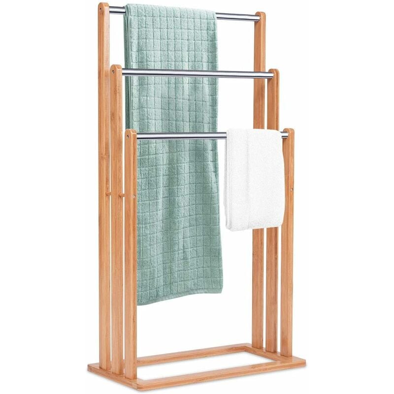 Costway - Porte-Serviettes avec 3 Barres Support pour Serviettes sur Pied en Bambou Portant Vêtements Accessoires de Salle de Bain Serviteur de