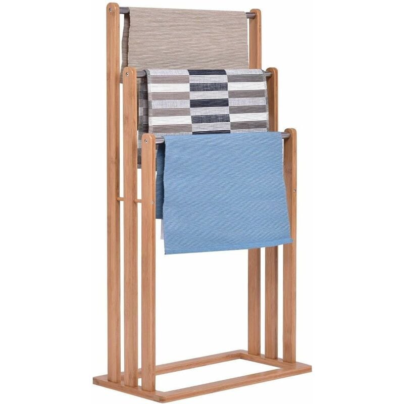 Costway - Porte-Serviettes avec 3 Barres Support pour Serviettes sur Pied en Bambou Portant Vêtements Accessoires de Salle de Bain Serviteur de