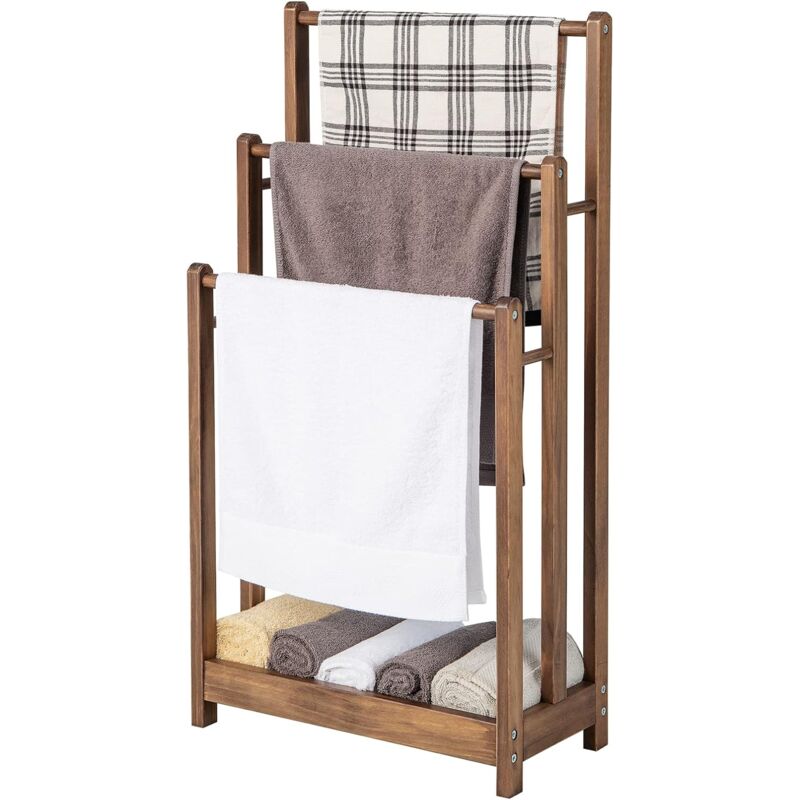 Costway - Porte-Serviettes sur Pied en Bois, 3 Barres et Étagère de Rangement Inférieure, Dispositif Anti-Renversement, Support Serviette pour Salle