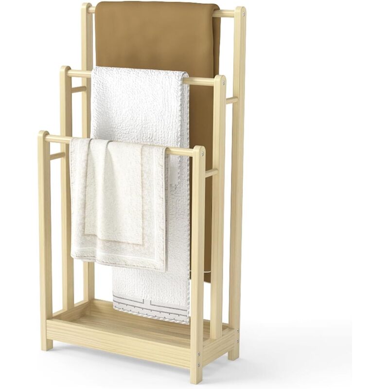 COSTWAY Porte-Serviettes sur Pied en Bois, 3 Barres et Étagère de Rangement Inférieure, Dispositif Anti-Renversement, Support Serviette pour Salle de