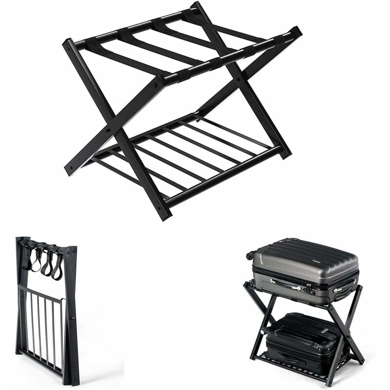 Porte Valise Support de Bagages Pliable 68x43x58 cm avec 2 Etages et 4 Sangles en Métal Noir pour Chambre, Domicile, Hôtel - Costway