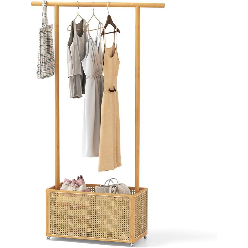 COSTWAY Porte-Vêtements en Bambou, Porte-Manteau sur Roulette, Panier Linge 60 L en Rotin PE, Triangle, Boîte de Rangement, pour Entrée, Salon,
