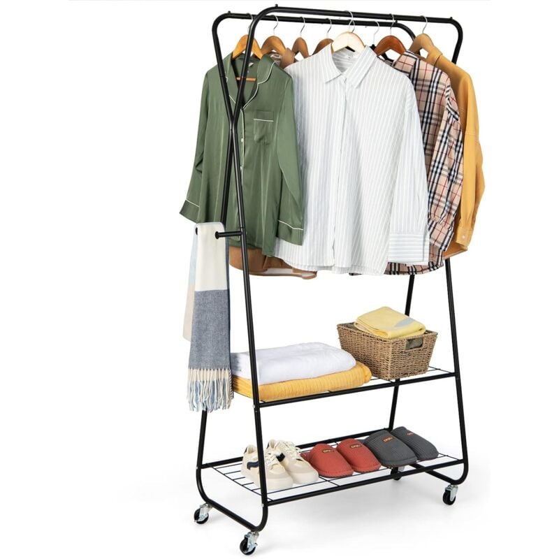 Porte-vêtements sur Roulettes, Portant à Vêtement en Métal avec 2 Étagères, 2 Tringles, 4 Crochets, Hauteur 170cm, Porte-Manteau pour Chambre,