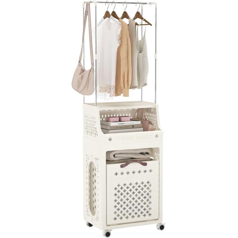COSTWAY Portemanteau 3 en 1 sur roulettes avec panier à linge de 30 L, étendoir pliable avec étagères, crochets et boîte de rangement, trieur à linge