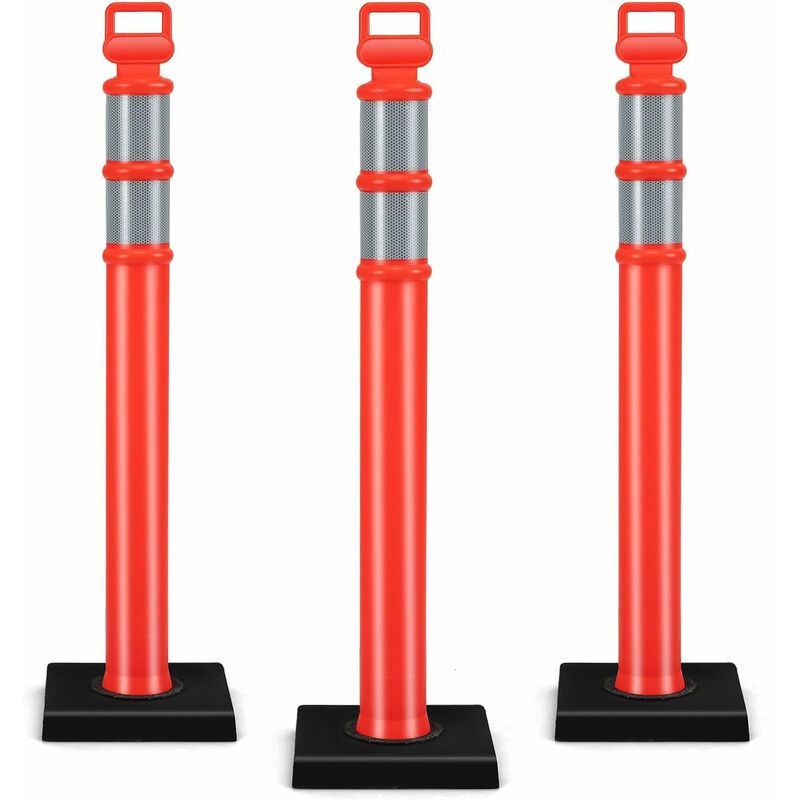 Poteau de Signalisation 3 Pcs Base en Caoutchouc 114,5 cm, Barrière de Sécurité à Rouge Vif avec Bandes Réfléchissantes et Poignée, pour Garage