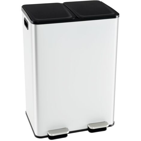 COSTWAY Poubelle Cuisine 2 x 30L, Poubelle Tri Selectif en Acier Inox, Anti-Empreinte, 2 Seaux Intérieurs en Plastique, Fermeture en Douceur, Casier pour Désodorisant (Blanc,2x30L)