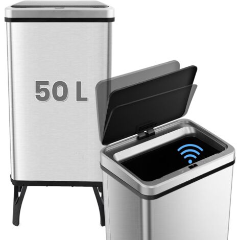 COSTWAY Poubelle Cuisine Automatique 50L en Acier Inox avec Cerclage, Poubelle Sur Pieds Détachables, Capteur Fermeture Automatique Douce, Anti-Empreintes, Interrupteur (Argent)
