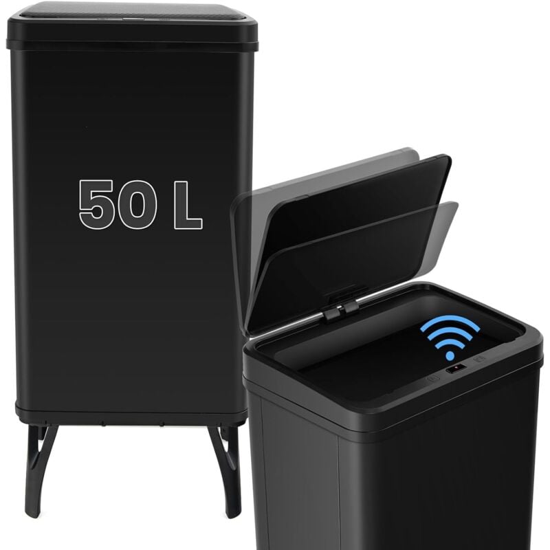 Poubelle Cuisine Automatique 50L en Acier Inox avec Cerclage, Poubelle Sur Pieds Détachables, Capteur Fermeture Automatique Douce, Anti-Empreintes,