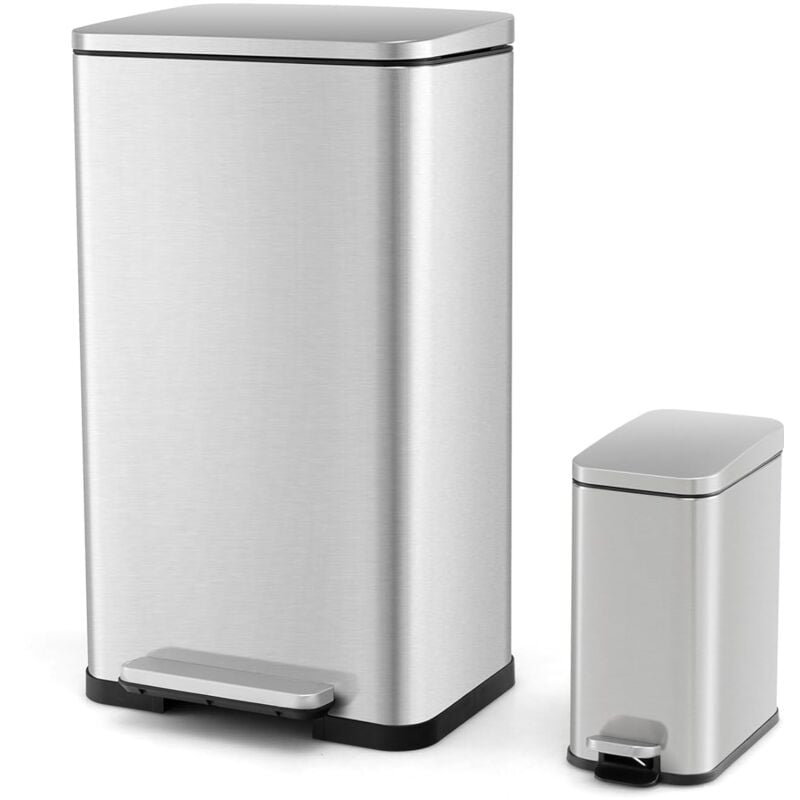 Poubelle Cuisine en Acier Inox 40L + 6L, Poubelles à Pédale Amortisseur, Seaux Détachables, Anti-Empreintes, Couvercles Fermeture Douce - Costway