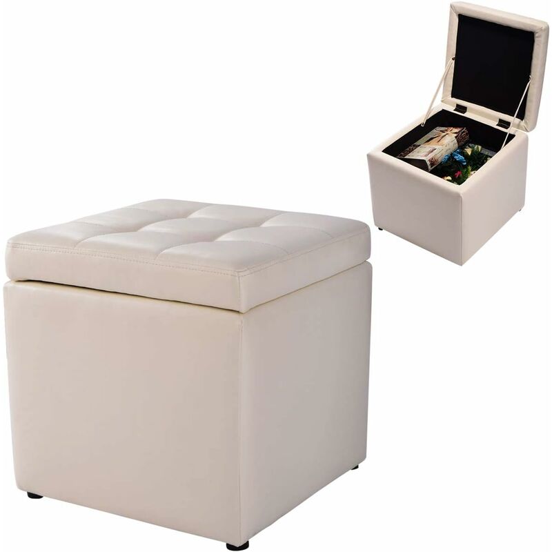 COSTWAY Tabouret Pouf Coffre Boîte de Rangement Repose-Pied Ottoman avec Espace de Stockage Cuir PU, Charge 150 kg, 40 x 40 x 40 cm (Beige)